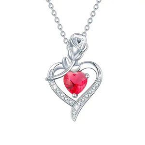 New Rose & Heart Shape Inlaid Shiny Zircon Elegant July Birthstone Necklace